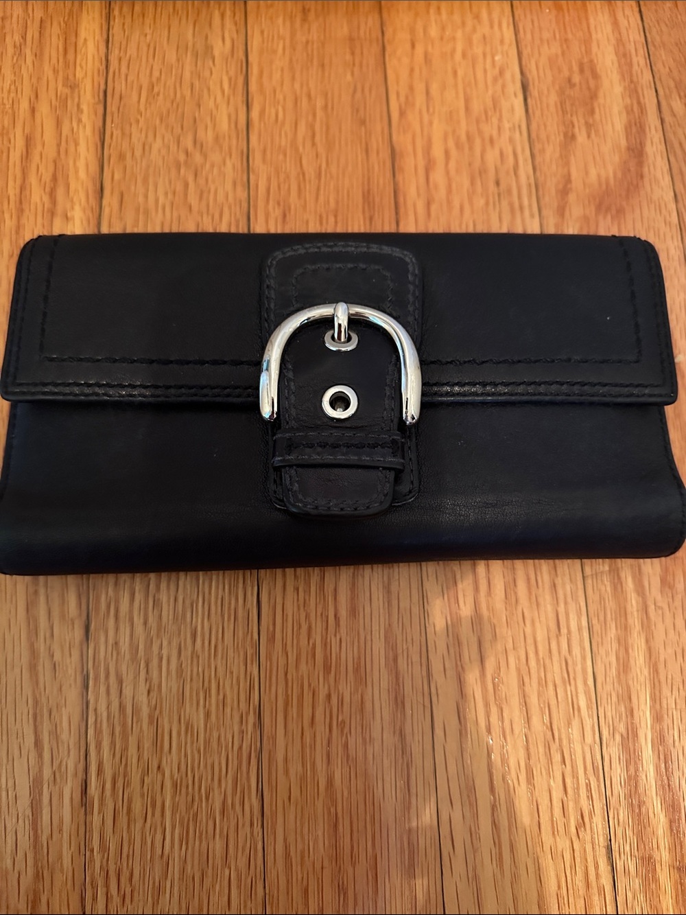 Black Women's Leather Wallet with Silver Buckle